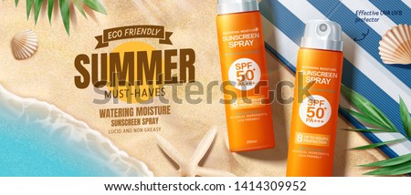 Sunscreen spray ads on beautiful beach with seashell in 3d illustration, top view Royalty-Free Stock Photo #1414309952