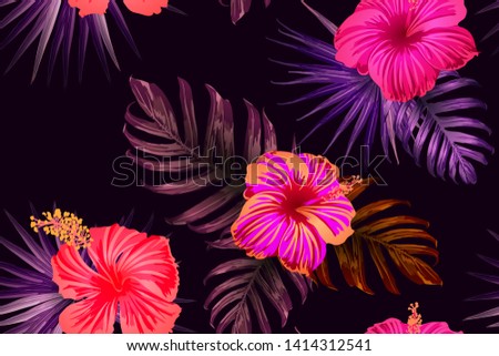 Pink red exotic pattern. Monstera leaves and hibiscus flowers in summer print.  Hawaiian t-shirt and swimwear tile.  Horizontal california natural texture design. Hypernatural botanic design.