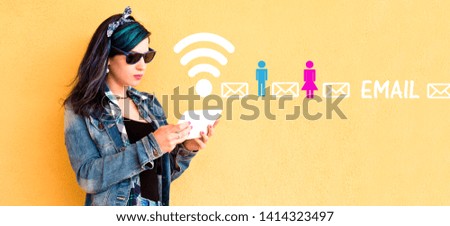 Email and young woman with a tablet in hands on a yellow background
