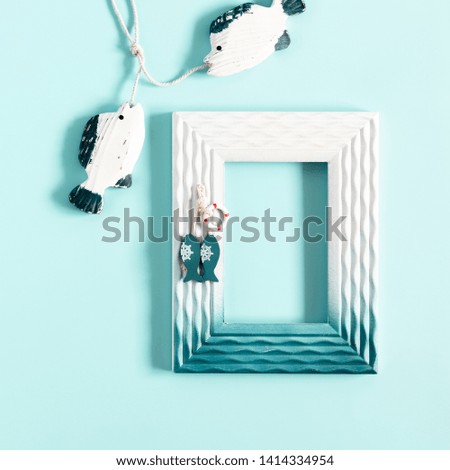Sea, beach composition on pastel blue background. Summer concept. Flat lay, top view, copy space