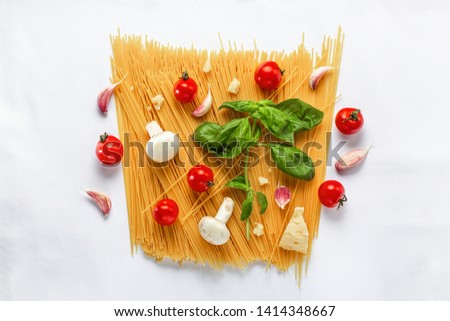 Set of products for cooking traditional Italian pasta on a white background. raw ingredients for pasta