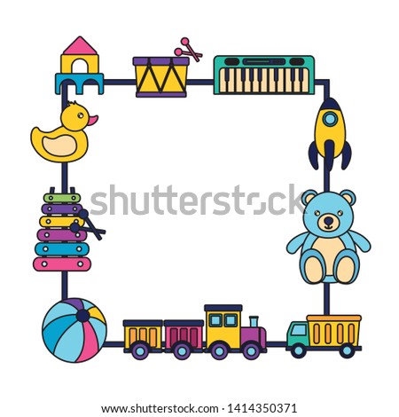 kids toys badge bear ball duck drum rocket piano train vector illustration