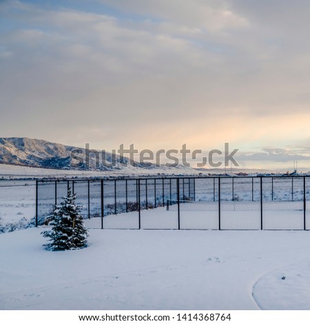 Square frame Tennis courts inside a chain link fence and blanketed with snow in winter