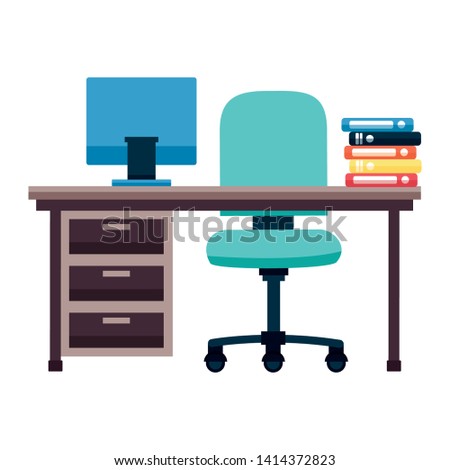 office desk books chair drawers laptop vector illustration