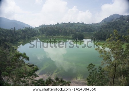 View of crater lake formed from volcano activities in Sikunir, Central Java of Indonesia