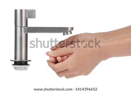 Washing hands under tap isolated on white background.