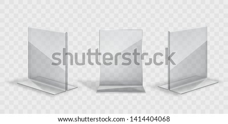 Display stand or acrylic table tent, card holder set isolated on transparent background. Vector empty flyer glass display. Plastic frame of photo, paper sheet mock up or restaurant menu. Royalty-Free Stock Photo #1414404068