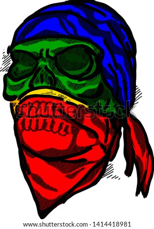 A green scary skull wearing a bandana and handkerchief around the mouth for Halloween concept. Hand drawn vector illustration.