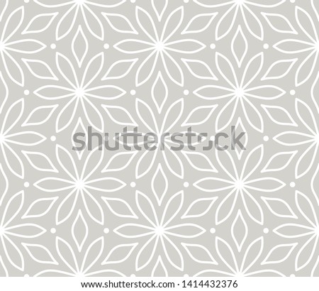 Modern simple geometric vector seamless pattern with white flowers, line texture on grey background. Light gray abstract floral wallpaper, bright tile ornament.