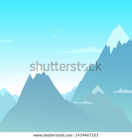 Mountains scenery with snowy peaks in a fog. Clear blue sky and subtle clouds. Vector illustration.