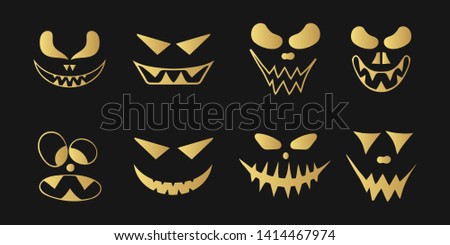 Halloween collection of golden jack o lantern spooky smiling faces. October party scary gold cartoon clipart for pumpkin.