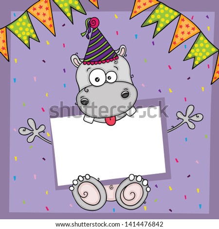 Happy birthday greeting card with cute hippo and blank label
