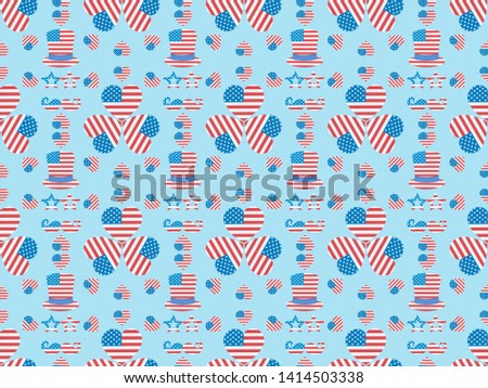 seamless background pattern with mustache, glasses, hats and hearts made of usa flags on blue 