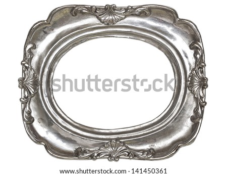 Oval silver picture frame with a decorative pattern  isolated on white background