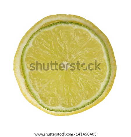 Single cross section of lemon and lime. Isolated on white background. Close-up.