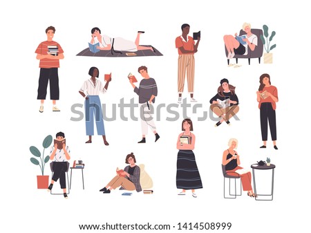 Collection of people reading or students studying and preparing for examination. Set of book lovers, readers, modern literature fans isolated on white background. Flat cartoon vector illustration. Royalty-Free Stock Photo #1414508999