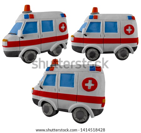 Emergency car, red and white ambulance medical service vehicle handmade with play dough. Isolated on white background.– Image