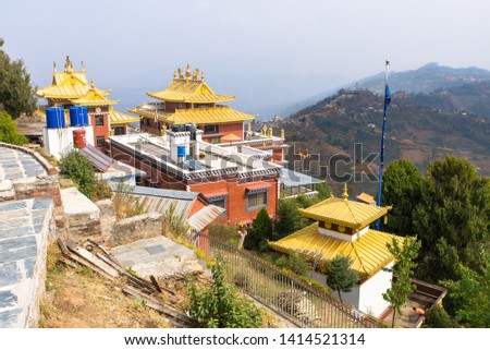view of thrangu tashi yangtse monastery from above in namo buddha, dhulikhel, nepal Royalty-Free Stock Photo #1414521314
