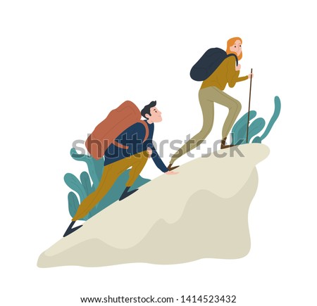 Cute romantic couple climbing up cliff or mountain. Pair of funny hikers, tourists or climbers isolated on white background. Happy boy and girl hiking or trekking. Flat cartoon vector illustration.