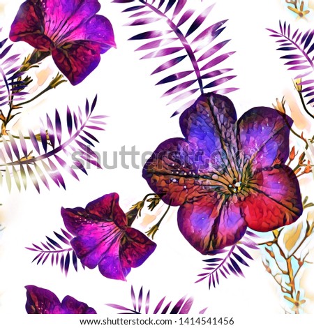 Petunia flowers seamless pattern art.
Watercolor illustration. Floral template.
Hand painted image.