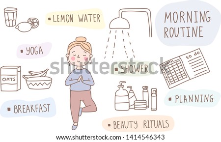 A young girl doing her morning routine including yoga practice, drinking lemon water, shower, breakfast, beauty rituals and planning. Woman self care concept. Vector illustration in a hand drawn style Royalty-Free Stock Photo #1414546343