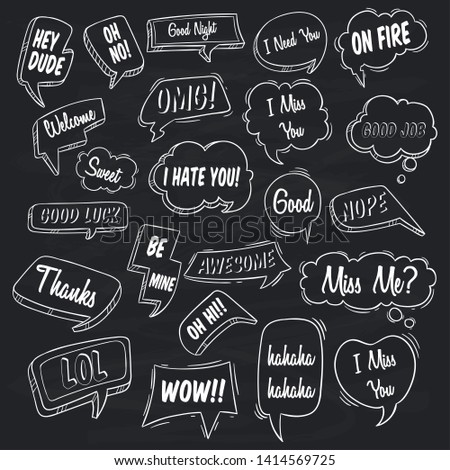 Set Various of Bubble Speech With Doodle or Hand Drawn Style on Chalk Board Background