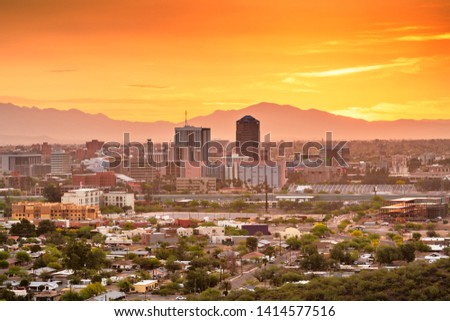 Tucson, Arizona, USA downtown city skyline with mountains at twilight. Royalty-Free Stock Photo #1414577516