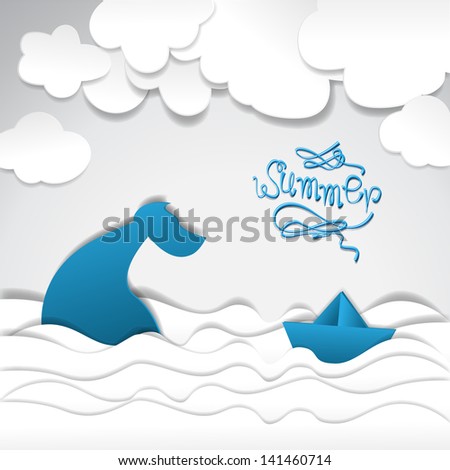 Paper Boat And Whale On Summer Background - Vector Illustration, Graphic Design Editable For Your Design