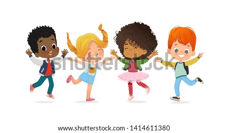 Multiracial school kids. Boys and girls are playing together happily jump. Kids Play at the grass. The concept is fun and vibrant moments of childhood. Vector illustrations