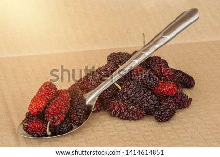 Organic Mulberry fruits in Stainless steel spoon and many pile of Mulberry friut on brown cardboard background