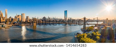 New York, New York, USA skyline with Brooklyn and Washington bridges near the Manhattan island.