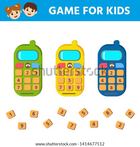 Matching game, educational game for kids. Find the missing numbers in the phone. Children funny riddle entertainment. Activity sheet