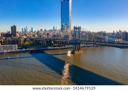New York, United States of America. Aerial view on the Manhattan Bridge and New York skyline.