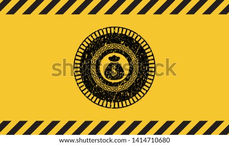 money bag icon inside warning sign, black grunge emblem. Vector Illustration. Detailed.