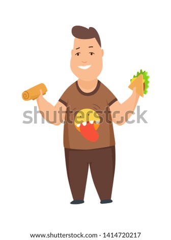 Overweight boy cute chubby child cartoon characters eating fast food vector Illustration on a white background.