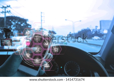 Women hand using smartphones and icons, searching via smartphones, driving with images Royalty-Free Stock Photo #1414731674
