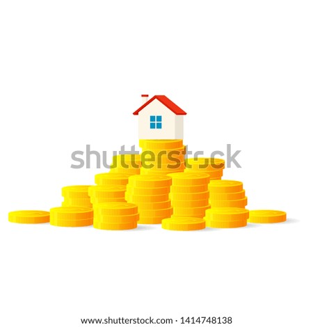 House on stack of coins. Real estate and property concept. Clipart image isolated on white background