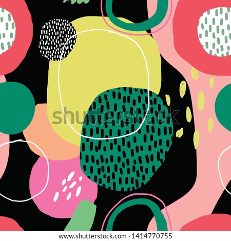 Abstract modern seamless pattern with colorful shapes on black background