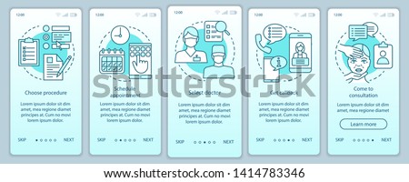 Clinic center appointment onboarding mobile app page screen vector template. Select doctor. Schedule. Walkthrough website steps with linear illustrations. UX, UI, GUI smartphone interface concept Royalty-Free Stock Photo #1414783346