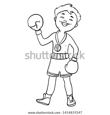 Cartoon boxing boy with gloves, outline for colouring, vector image