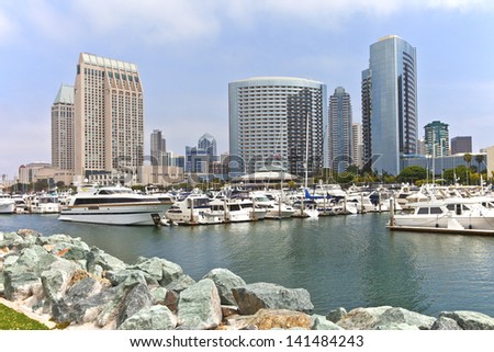 San Diego downtown marina and skyline buildings.