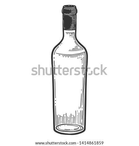 Wine bottle, glass. Vector in engraving and sketch style. Isolated on white background