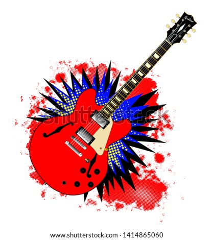 Semi solid electric guitar in a cartoon comic style explosion