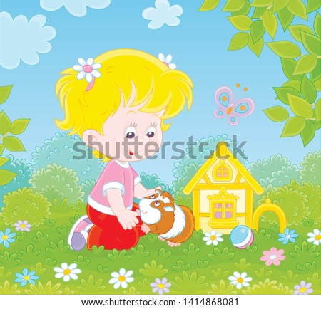 Smiling little girl playing with her small pet cavy among flowers on green grass of a lawn on a sunny summer day, vector illustration in a cartoon style