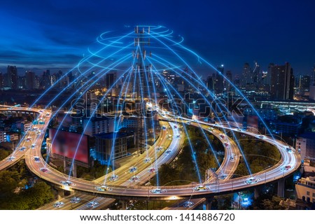 Smart cars with automatic sensor driving on metropolis with wireless connection Royalty-Free Stock Photo #1414886720