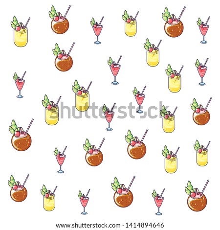 summer pattern of cocktails coconuts and juices fruits