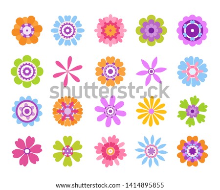 Cartoon flower icons. Summer cute girly stickers, modern flowers clip art icon set. Vector retro pretty nature graphic template