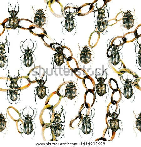 Hand drawing watercolor seamless pattern with black beetles with a gold chain. illustration isolated on white
