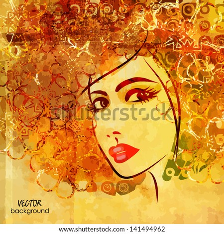 art colorful sketching beautiful girl face on sepia background. Raster version is also in my gallery.
