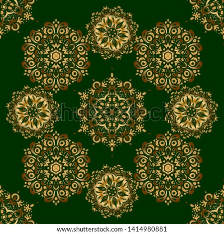 Seamless golden ornament in arabian style on a green background. Seamless pattern with damask ornament. Pattern for wallpapers, backgrounds, flyers or wrapping paper.